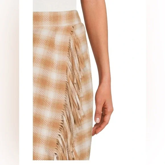 NWT Women's Fringed Faux Elastic Waist Plaid Blanket Wrap Midi Skirt (L) - Picture 3 of 13